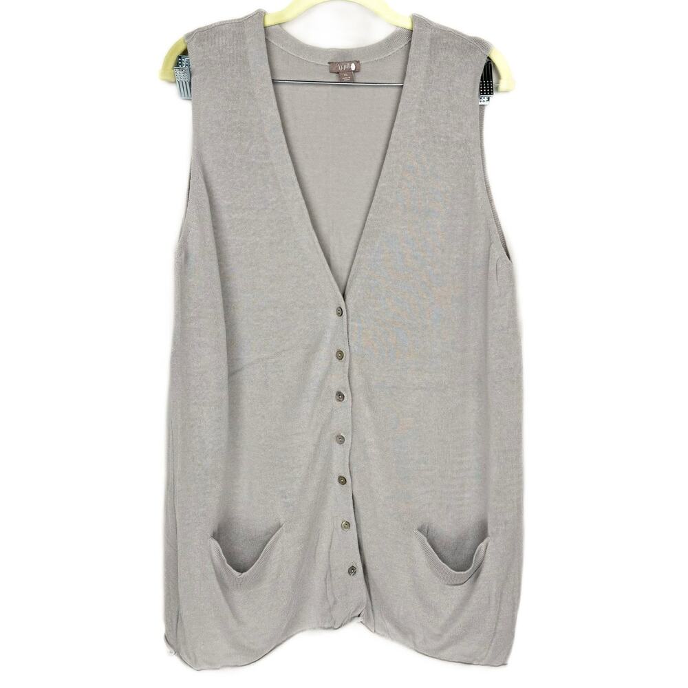J.Jill Gray Tight Knit Button Up‎ Lightweight Sleeveless Pockets Sweater Vest XL
